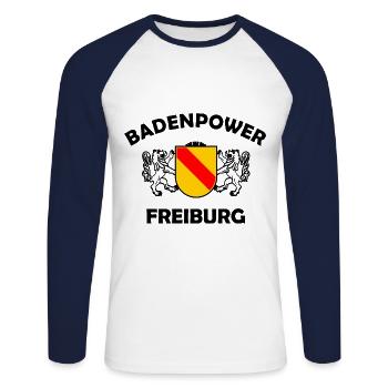 Lustige Freiburger Badner Sprücher - Unisex Baseballshirt langarm - Weiß/Navy - Vorne - Nik (191cm)