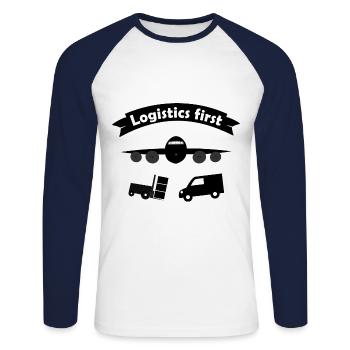 Le monde des logisticiens - T-shirt baseball manches longues Homme - blanc/marine - Devant - Nik (191cm)