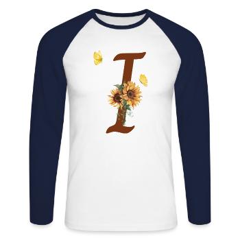 Buchstabe i Sonnenblume Schmetterling - Unisex Baseballshirt langarm - Weiß/Navy - Vorne - Nik (191cm)