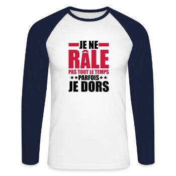je ne râle pas tout le temps parfois je dors - T-shirt baseball manches longues Homme - blanc/marine - Devant - Nik (191cm)