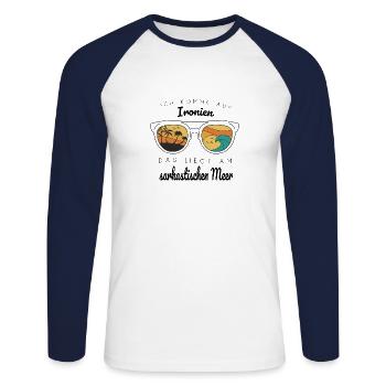 Sarkasmus Ironie Spruch Ich Komme Aus Ironien - Unisex Baseballshirt langarm - Weiß/Navy - Vorne - Nik (191cm)
