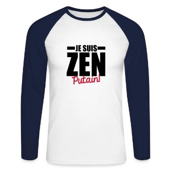 je suis zen putain - T-shirt baseball manches longues Homme - blanc/marine - Devant - Nik (191cm)