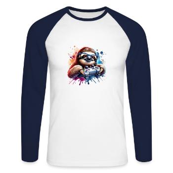 Funny Sloth Gamer With Sunglasses - Unisex Long Sleeve Baseball T-Shirt - white/navy - Front - Nik (191cm)