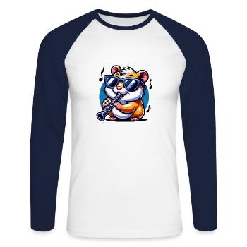 Hamster cool avec clarinette jouant de la musique - T-shirt baseball manches longues Homme - blanc/marine - Devant - Nik (191cm)