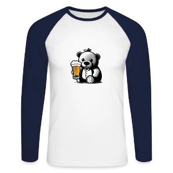 Teddy drinking Beer - Unisex Baseballshirt langarm - Weiß/Navy - Vorne - Nik (191cm)