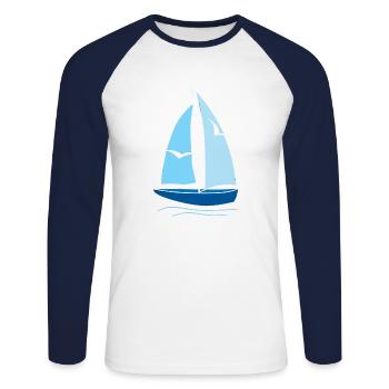 Voilier Mouettes, Cadeau, mode, cool, tendance, style, - T-shirt baseball manches longues Homme - blanc/marine - Devant - Nik (191cm)