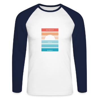 t-shirt sunset et surf cadeau anniversaire - T-shirt baseball manches longues Homme - blanc/marine - Devant - Nik (191cm)