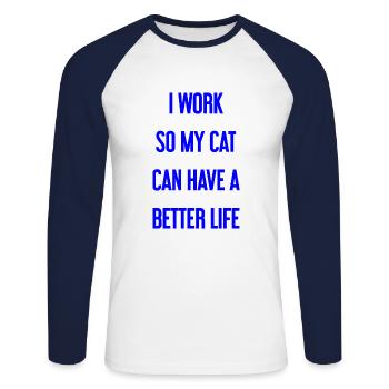 Pour une meilleure vie de chat je travaille! - T-shirt baseball manches longues Homme - blanc/marine - Devant - Nik (191cm)