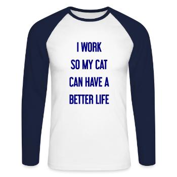 Für ein besseres Katzenleben arbeite ich! - Unisex Baseballshirt langarm - Weiß/Navy - Vorne - Nik (191cm)