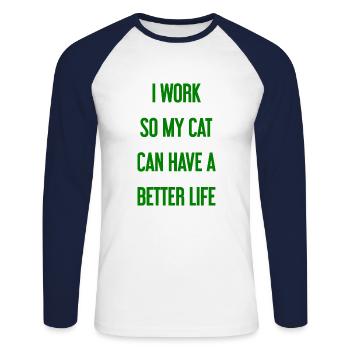 Für ein besseres Katzenleben arbeite ich! - Unisex Baseballshirt langarm - Weiß/Navy - Vorne - Nik (191cm)