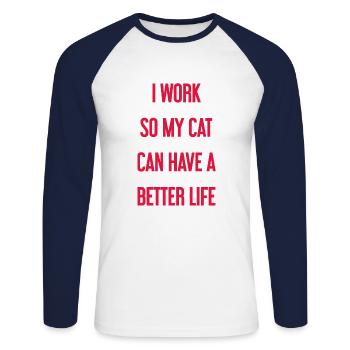 Für ein besseres Katzenleben arbeite ich! - Unisex Baseballshirt langarm - Weiß/Navy - Vorne - Nik (191cm)