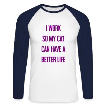 Für ein besseres Katzenleben arbeite ich! - Unisex Baseballshirt langarm - Weiß/Navy - Vorne - Nik (191cm)
