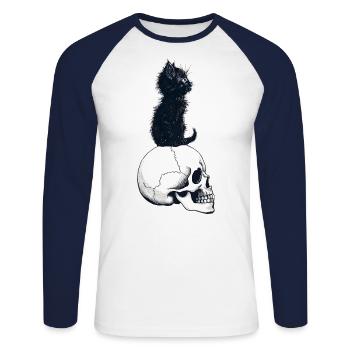 Cute kitten sitting on a skull - Unisex Long Sleeve Baseball T-Shirt - white/navy - Front - Nik (191cm)