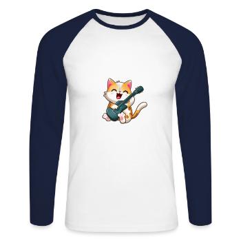 Chat avec guitare - T-shirt baseball manches longues Homme - blanc/marine - Devant - Nik (191cm)
