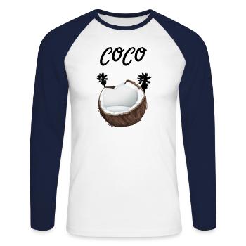 Noix de coco avec inscription Coco et palmiers - T-shirt baseball manches longues Homme - blanc/marine - Devant - Nik (191cm)