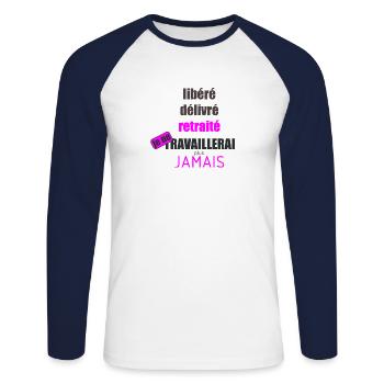 libéré délivré retraité - T-shirt baseball manches longues Homme - blanc/marine - Devant - Nik (191cm)