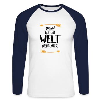 Davon geht die Welt nicht unter - Unisex Baseballshirt langarm - Weiß/Navy - Vorne - Nik (191cm)