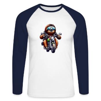 Conception de moto vintage Sloth Biker - T-shirt baseball manches longues Homme - blanc/marine - Devant - Nik (191cm)