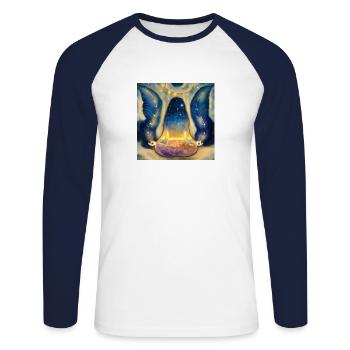 assis dans le pouvoir / Balance Anima Art par Silvia - T-shirt baseball manches longues Homme - blanc/marine - Devant - Nik (191cm)