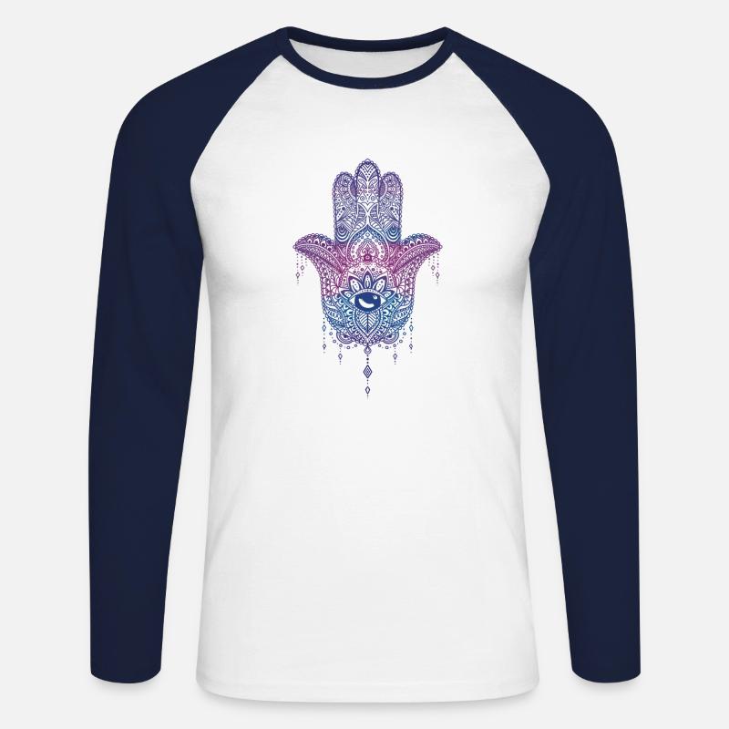Hand der Fatima - bunt - Unisex Baseballshirt langarm - Weiß/Navy