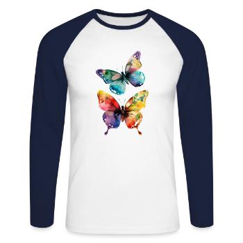 Two multi-colored butterflies - watercolor - Unisex Long Sleeve Baseball T-Shirt - white/navy - Front - Nik (191cm)