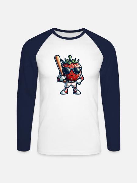Strawberry Baseball Player with Bat - Unisex Long Sleeve Baseball T-Shirt - white/navy