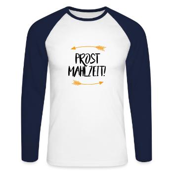 Sprüche Prost Mahlzeit - Unisex Baseballshirt langarm - Weiß/Navy - Vorne - Nik (191cm)