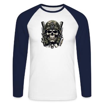 Schädel des Kriegers: Bewaffnet und bereit - Unisex Baseballshirt langarm - Weiß/Navy - Vorne - Nik (191cm)
