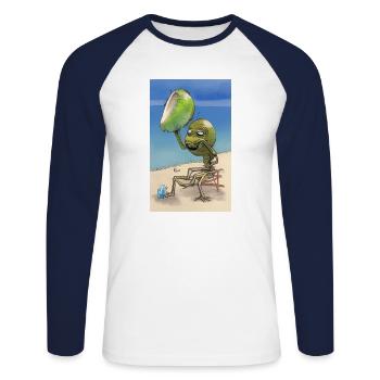 Crazy Comic Alien sur une plage avec un espace cocotier - T-shirt baseball manches longues Homme - blanc/marine - Devant - Nik (191cm)