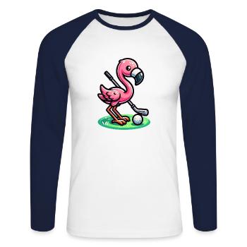 Flamingo Golfspieler - Lustiges Golfdesign - Unisex Baseballshirt langarm - Weiß/Navy - Vorne - Nik (191cm)
