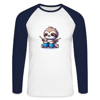 Süßes Schlagzeug spielendes Faultier - Unisex Baseballshirt langarm - Weiß/Navy - Vorne - Nik (191cm)