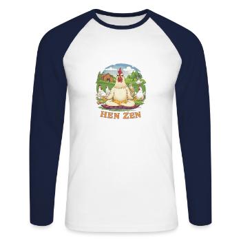 Hen Zen Rooster Meditation Yoga Chickens Farm - Unisex Long Sleeve Baseball T-Shirt - white/navy - Front - Nik (191cm)