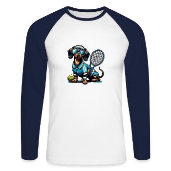 Teckel joueur de tennis propriétaire de chien - T-shirt baseball manches longues Homme - blanc/marine - Devant - Nik (191cm)