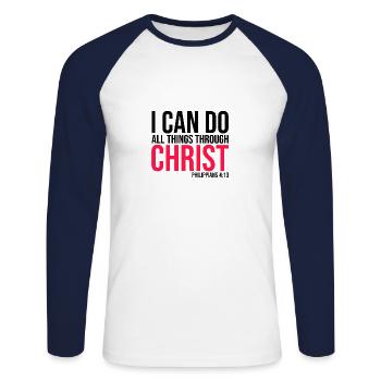 Gift - Jesus shirt with saying Philippians 4, 13 - Unisex Long Sleeve Baseball T-Shirt - white/navy - Front - Nik (191cm)