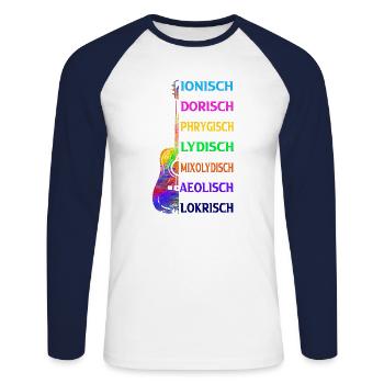 Klangfarbe der Kirchentonleiter der Gitarrenmodes - Unisex Baseballshirt langarm - Weiß/Navy - Vorne - Nik (191cm)
