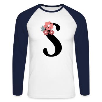 Buchstabe S Minimalistische Blumen - Unisex Baseballshirt langarm - Weiß/Navy - Vorne - Nik (191cm)