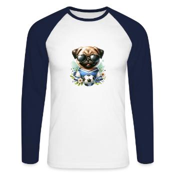 Niedlicher Mops Hund Fußballspieler - Unisex Baseballshirt langarm - Weiß/Navy - Vorne - Nik (191cm)