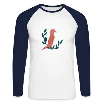 Loutre et feuilles - T-shirt baseball manches longues Homme - blanc/marine - Devant - Nik (191cm)