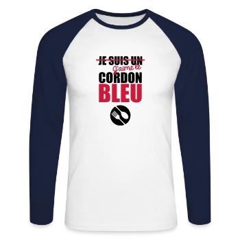 j'aime le cordon bleu - T-shirt baseball manches longues Homme - blanc/marine - Devant - Nik (191cm)