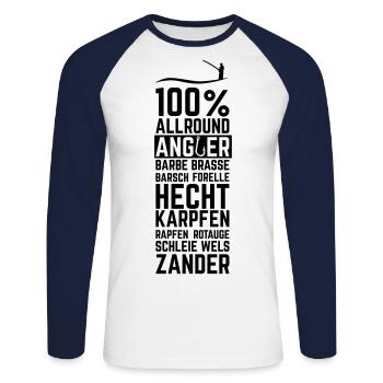 LetzterWurf 100 Prozent Allround Angler Angeln - Unisex Baseballshirt langarm - Weiß/Navy - Vorne - Nik (191cm)