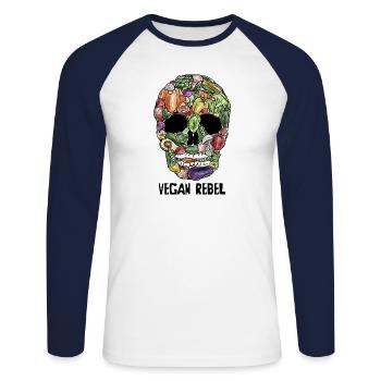 Vegan Rebel - Unisex Baseballshirt langarm - Weiß/Navy - Vorne - Nik (191cm)