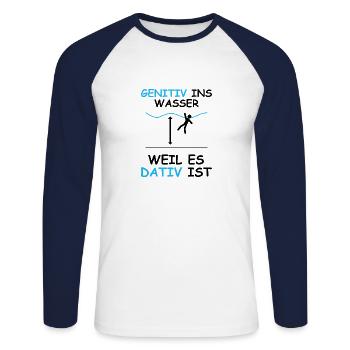 Genitiv Dativ schwarz - Unisex Baseballshirt langarm - Weiß/Navy - Vorne - Nik (191cm)