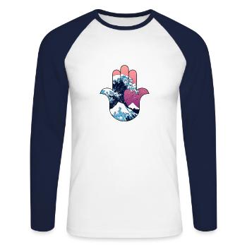 Hamsa Kanagawa Oki Nami Ura Great Wave - Unisex Long Sleeve Baseball T-Shirt - white/navy - Front - Nik (191cm)