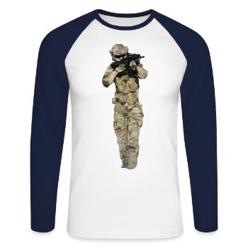 Soldat Type Polygon, Combattant en costume de camouflage avec arme - T-shirt baseball manches longues Homme - blanc/marine - Devant - Nik (191cm)