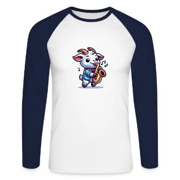 Chèvre jouant du saxophone Motif de chèvre drôle - T-shirt baseball manches longues Homme - blanc/marine - Devant - Nik (191cm)