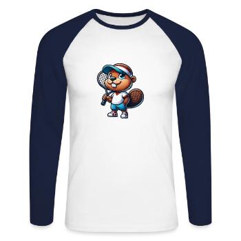 Lustiger Tennis Biber Spieler Sport - Unisex Baseballshirt langarm - Weiß/Navy - Vorne - Nik (191cm)
