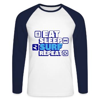 Essen, Schlafen, Trainieren, Surfen – Wiederholen! - Unisex Baseballshirt langarm - Weiß/Navy - Vorne - Nik (191cm)