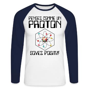 Pensez comme un proton soyez positif - T-shirt baseball manches longues Homme - blanc/marine - Devant - Nik (191cm)