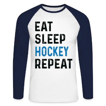 Eat Sleep Hockey Repeat Shirt Teamsport - Unisex Baseballshirt langarm - Weiß/Navy - Vorne - Nik (191cm)