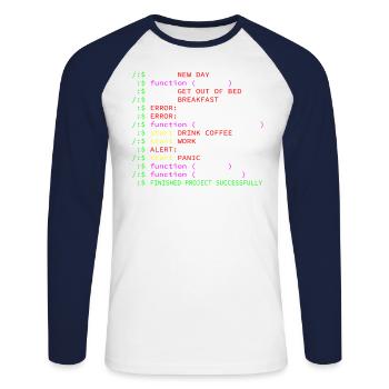 Programmeur café rythme quotidien cadeau drôle - T-shirt baseball manches longues Homme - blanc/marine - Devant - Nik (191cm)